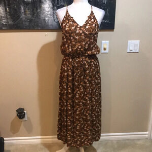 A.N.A. | Black &!Dark Orange Floral Boho Halter Dress w/Elastic Waist & Tie -XS